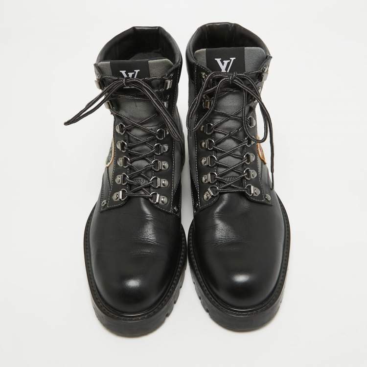 Pre Owned Louis Vuitton Black/Grey Leather and Canvas Metropolis Ranger Boots Size 42