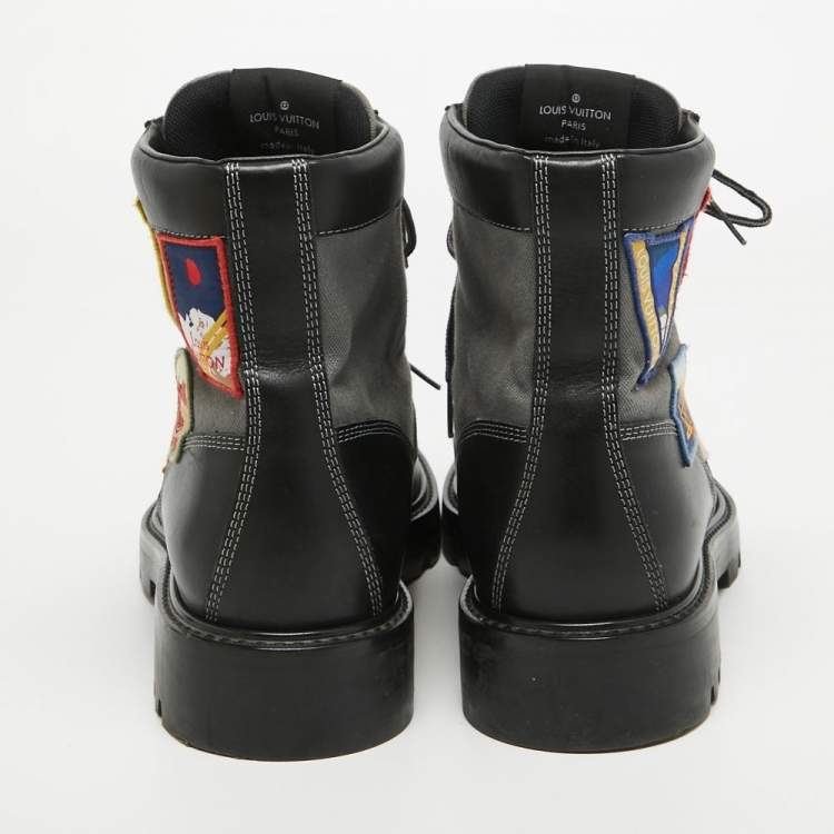 Pre Owned Louis Vuitton Black/Grey Leather and Canvas Metropolis Ranger Boots Size 42