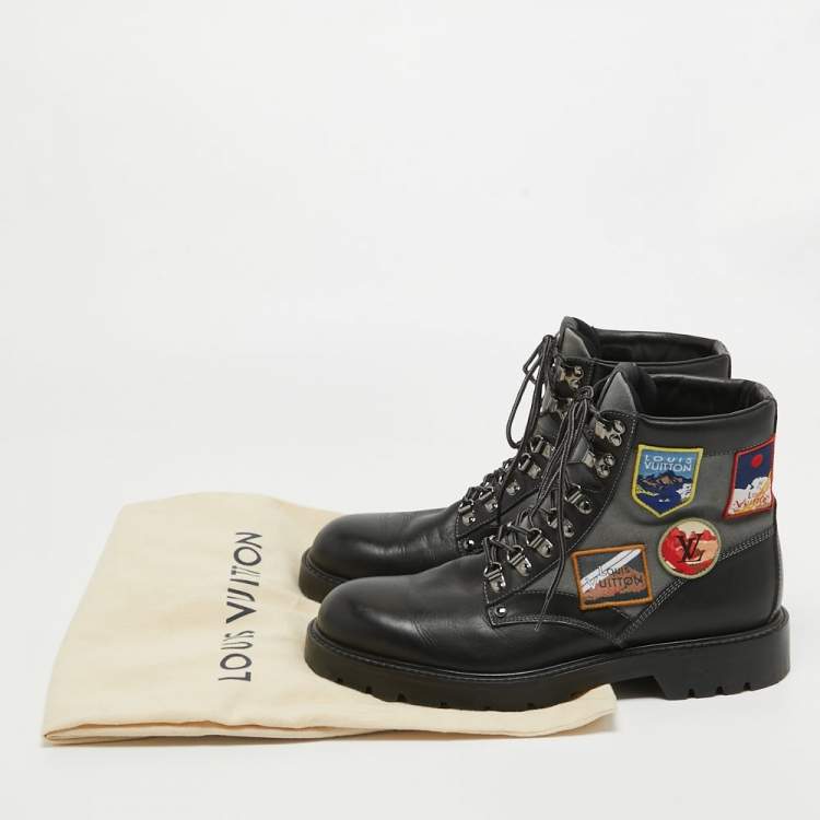 Pre Owned Louis Vuitton Black/Grey Leather and Canvas Metropolis Ranger Boots Size 42