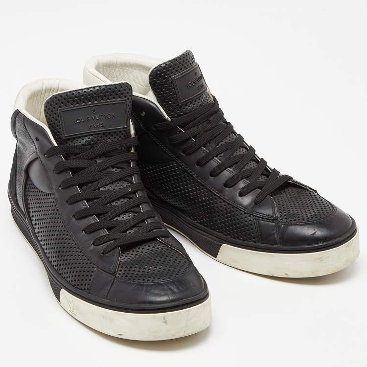 Pre Owned Louis Vuitton Black Leather,Monogram Canvas and Suede Line Up High Top Sneakers Size 43