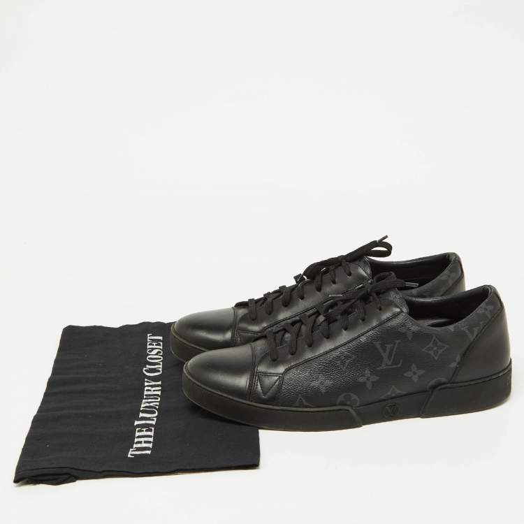 Pre Owned Louis Vuitton Black Leather and Monogram Eclipse Canvas Match Up Sneaker Size 42.5