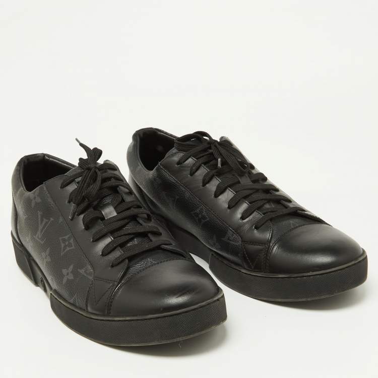 Pre Owned Louis Vuitton Black Leather and Monogram Eclipse Canvas Match Up Sneaker Size 42.5