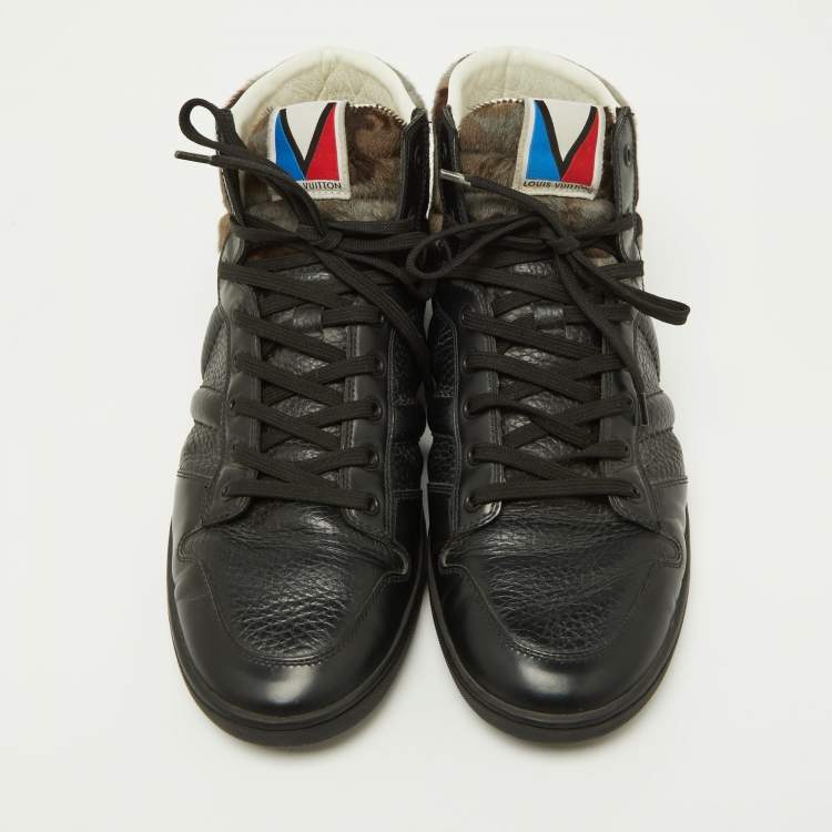 Pre Owned Louis Vuitton Black Leather and Calfhair Trainer High Top Sneakers Size 43