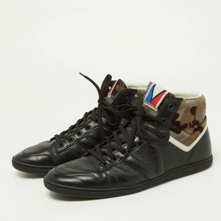 Pre Owned Louis Vuitton Black Leather and Calfhair Trainer High Top Sneakers Size 43