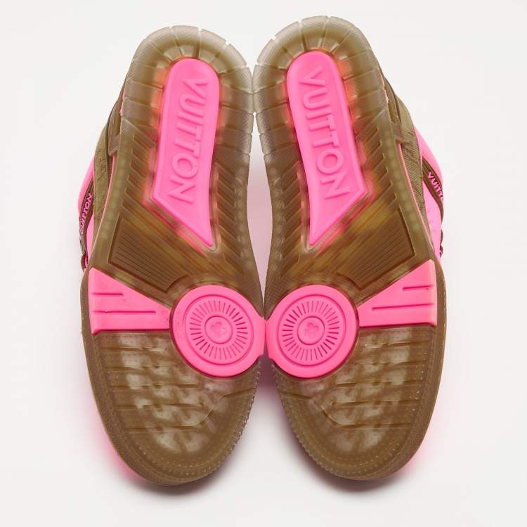 Pre Owned Louis Vuitton Neon Pink/Brown Monogram Leather and Canvas LV Trainer Sneakers Size 41
