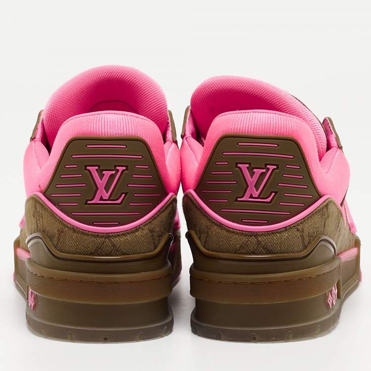 Pre Owned Louis Vuitton Neon Pink/Brown Monogram Leather and Canvas LV Trainer Sneakers Size 41