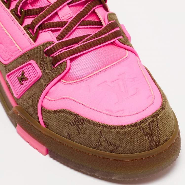 Pre Owned Louis Vuitton Neon Pink/Brown Monogram Leather and Canvas LV Trainer Sneakers Size 41