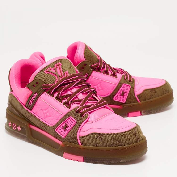 Pre Owned Louis Vuitton Neon Pink/Brown Monogram Leather and Canvas LV Trainer Sneakers Size 41