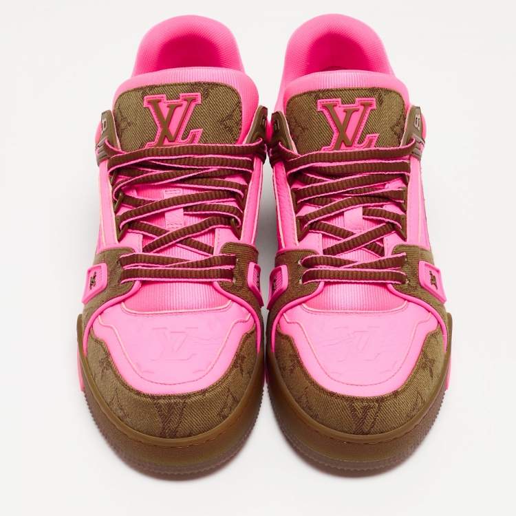 Pre Owned Louis Vuitton Neon Pink/Brown Monogram Leather and Canvas LV Trainer Sneakers Size 41