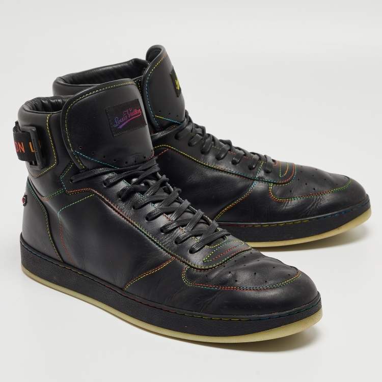 Pre Owned Louis Vuitton Black Leather Rivoli Rainbow Sneakers Size 44
