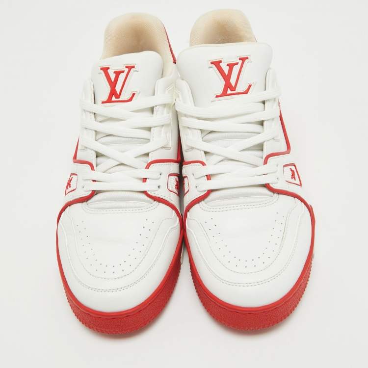 Pre Owned Louis Vuitton White/Red Leather LV Trainer Sneakers Size 39.5 