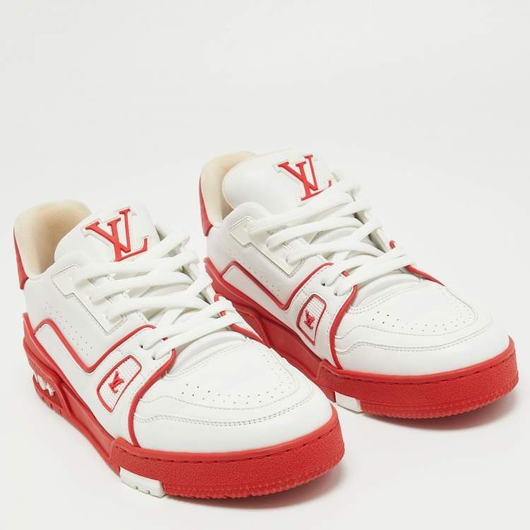 Pre Owned Louis Vuitton White/Red Leather LV Trainer Sneakers Size 39.5 