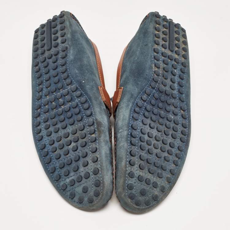 Pre Owned Louis Vuitton Blue/Brown Leather and Suede Hockenheim Loafers Size 42.5
