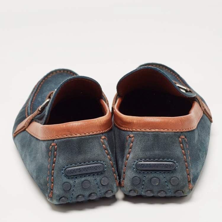 Pre Owned Louis Vuitton Blue/Brown Leather and Suede Hockenheim Loafers Size 42.5