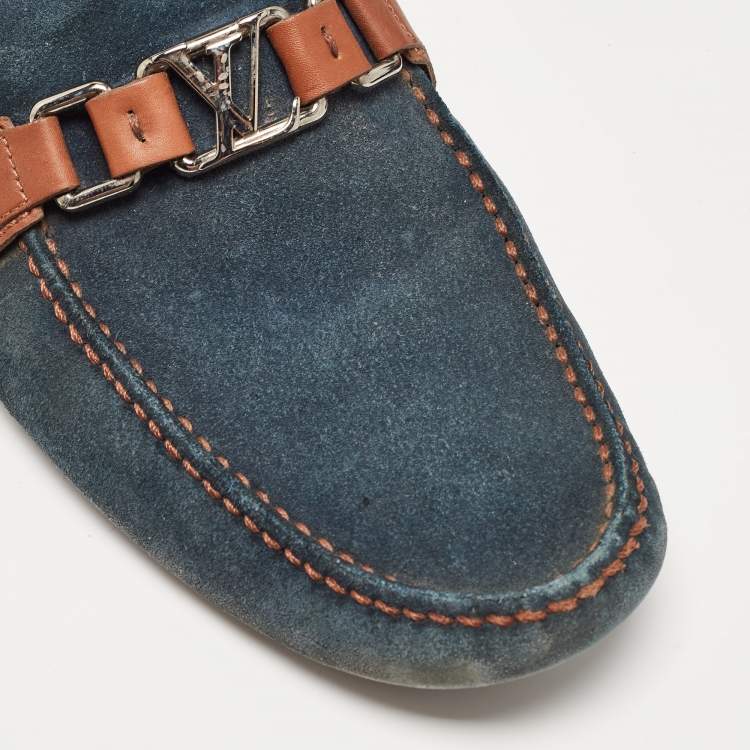 Pre Owned Louis Vuitton Blue/Brown Leather and Suede Hockenheim Loafers Size 42.5