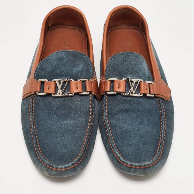 Pre Owned Louis Vuitton Blue/Brown Leather and Suede Hockenheim Loafers Size 42.5