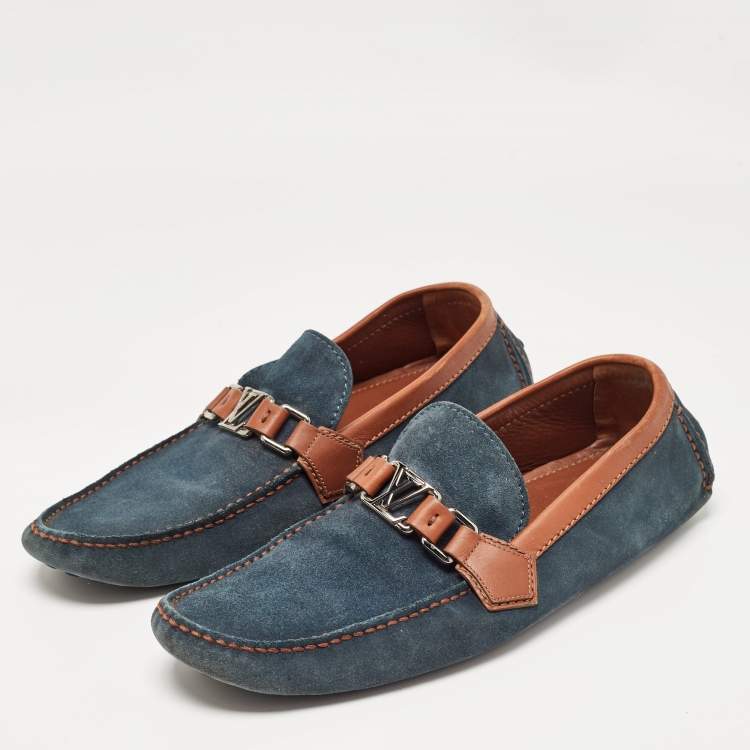 Pre Owned Louis Vuitton Blue/Brown Leather and Suede Hockenheim Loafers Size 42.5