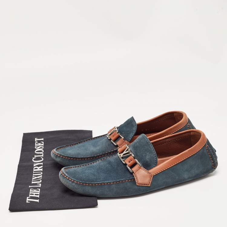 Pre Owned Louis Vuitton Blue/Brown Leather and Suede Hockenheim Loafers Size 42.5