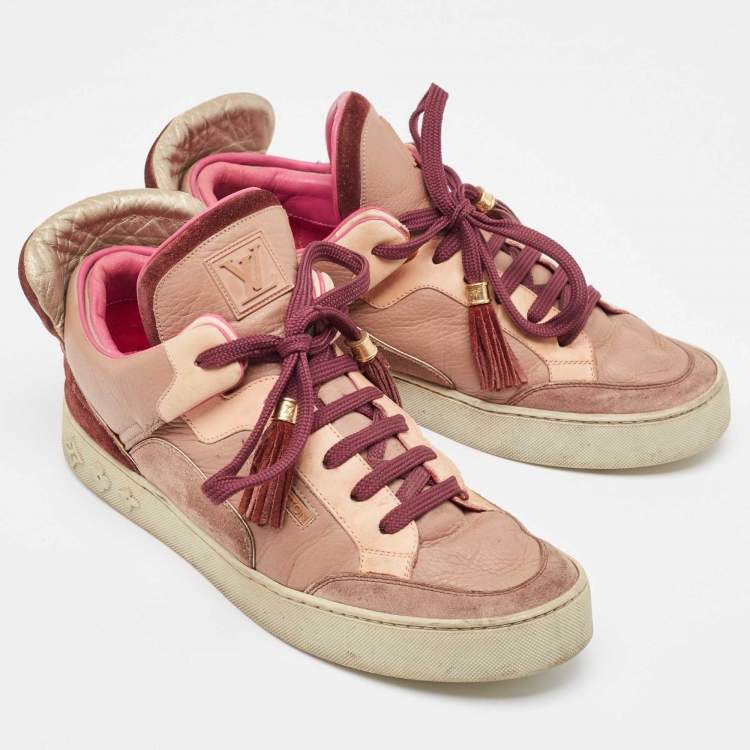 Pre Owned Louis Vuitton X Kanye West Pink/Beige Leather and Suede Don Patchwork Low Top Sneakers Size 42.5