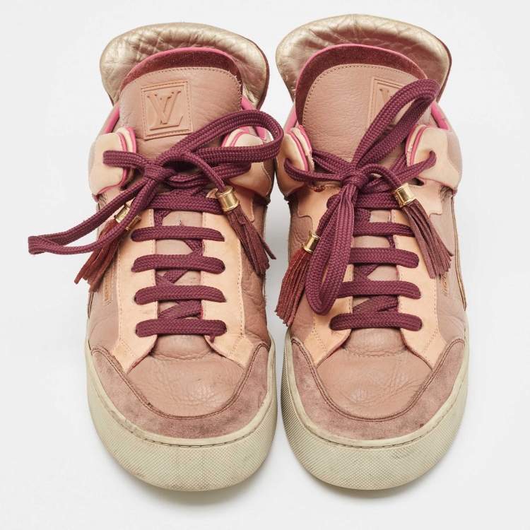 Pre Owned Louis Vuitton X Kanye West Pink/Beige Leather and Suede Don Patchwork Low Top Sneakers Size 42.5