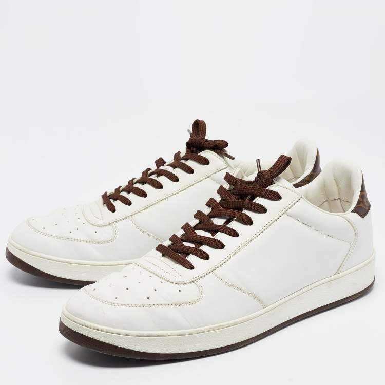 Pre Owned Louis Vuitton White/Brown Monogram Canvas and Leather Low Top Sneakers Size 41.5