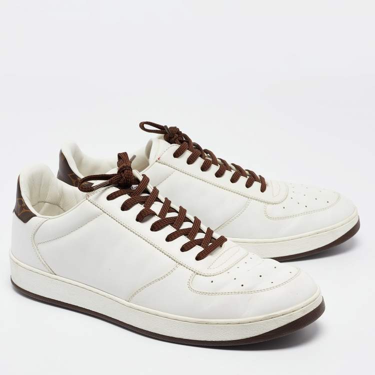 Pre Owned Louis Vuitton White/Brown Monogram Canvas and Leather Low Top Sneakers Size 41.5