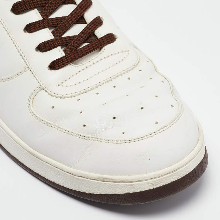 Pre Owned Louis Vuitton White/Brown Monogram Canvas and Leather Low Top Sneakers Size 41.5
