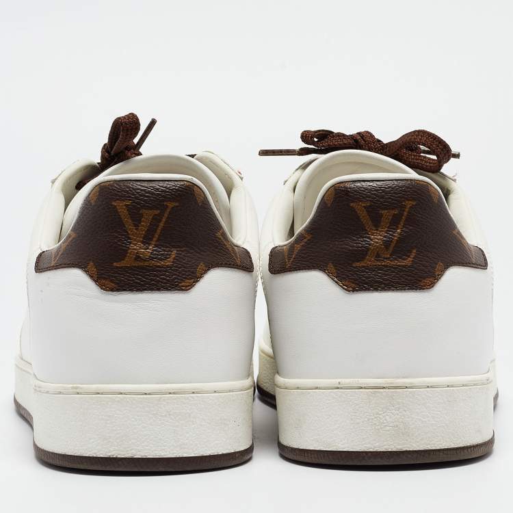 Pre Owned Louis Vuitton White/Brown Monogram Canvas and Leather Low Top Sneakers Size 41.5