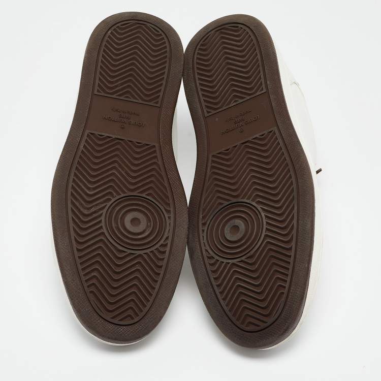 Pre Owned Louis Vuitton White/Brown Monogram Canvas and Leather Low Top Sneakers Size 41.5