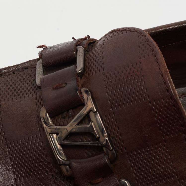 Pre Owned Louis Vuitton Brown Damier Leather Hockenheim Loafers Size 44