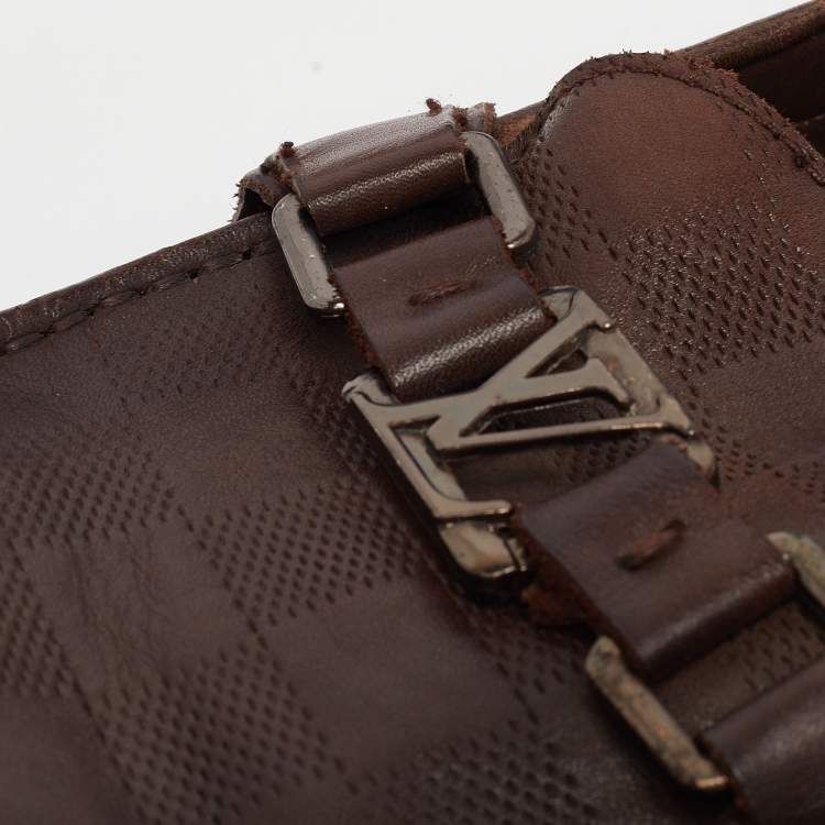 Pre Owned Louis Vuitton Brown Damier Leather Hockenheim Loafers Size 44