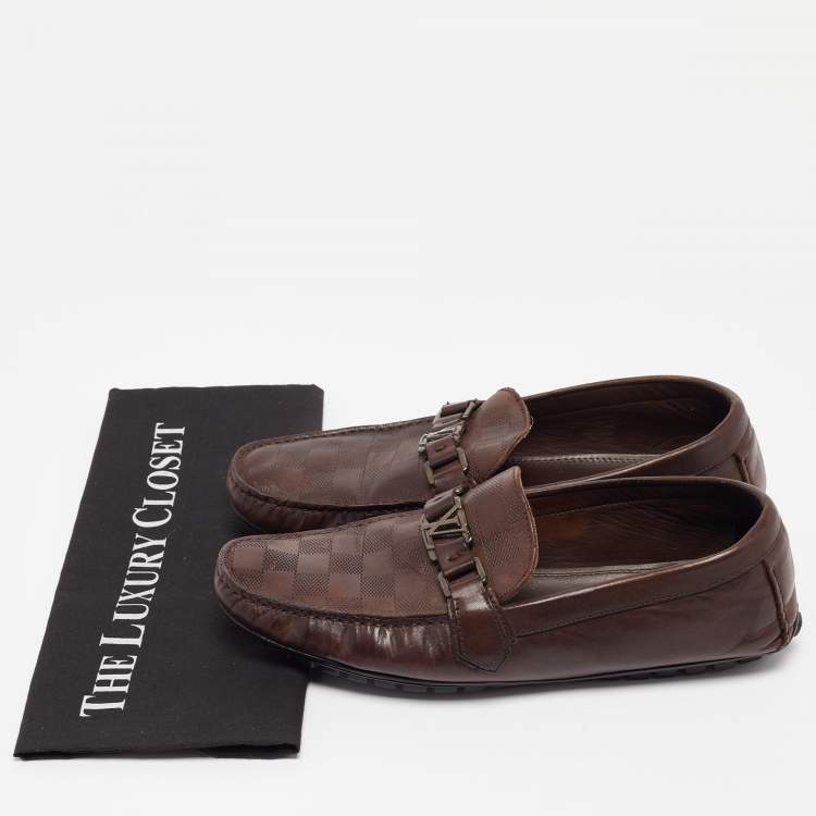 Pre Owned Louis Vuitton Brown Damier Leather Hockenheim Loafers Size 44