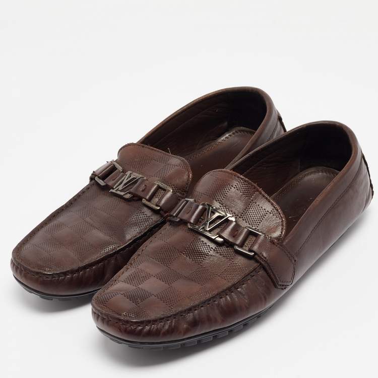 Pre Owned Louis Vuitton Brown Damier Leather Hockenheim Loafers Size 44