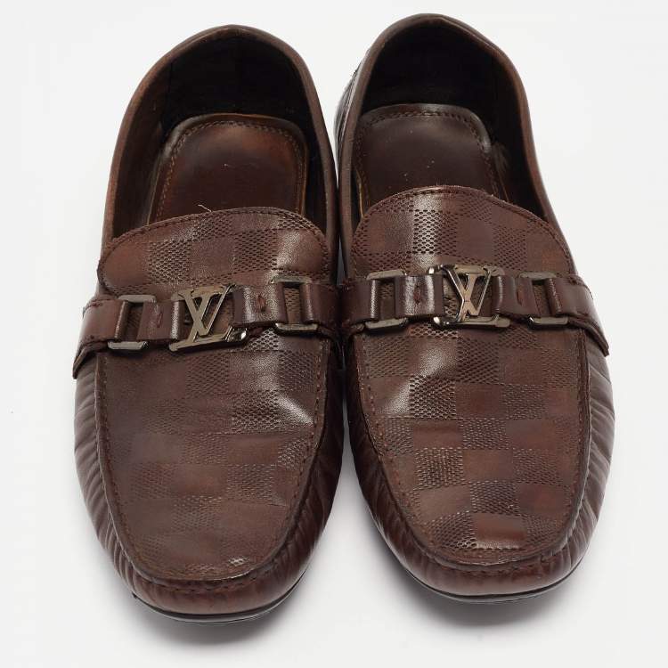 Pre Owned Louis Vuitton Brown Damier Leather Hockenheim Loafers Size 44