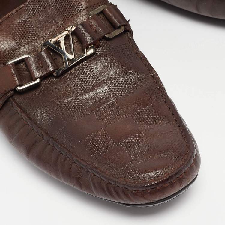 Pre Owned Louis Vuitton Brown Damier Leather Hockenheim Loafers Size 44