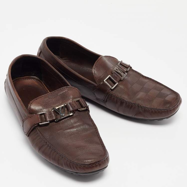 Pre Owned Louis Vuitton Brown Damier Leather Hockenheim Loafers Size 44