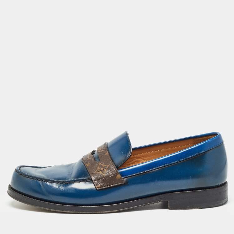 Pre Owned Louis Vuitton Navy Blue Leather and Monogram Canvas Penny Loafers Size 42