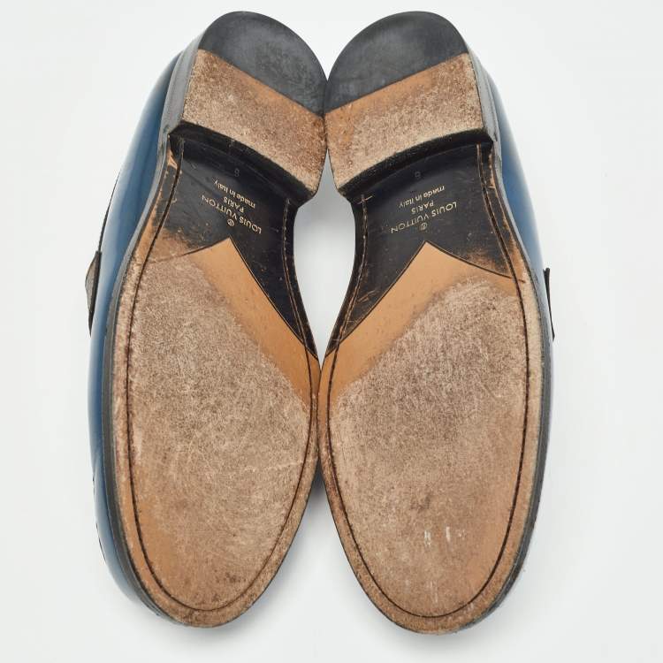 Pre Owned Louis Vuitton Navy Blue Leather and Monogram Canvas Penny Loafers Size 42