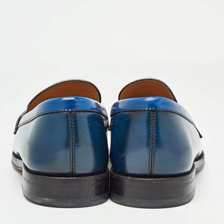 Pre Owned Louis Vuitton Navy Blue Leather and Monogram Canvas Penny Loafers Size 42
