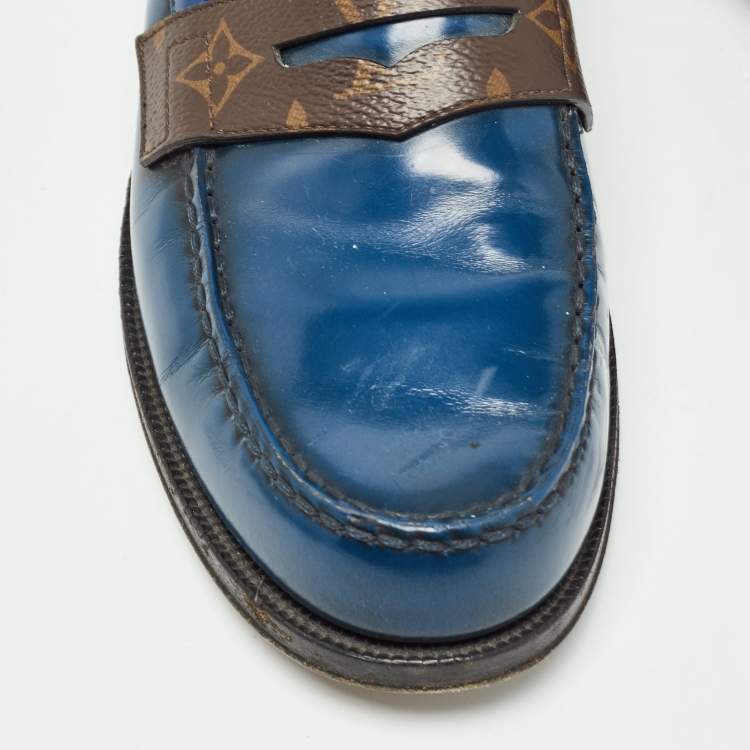 Pre Owned Louis Vuitton Navy Blue Leather and Monogram Canvas Penny Loafers Size 42