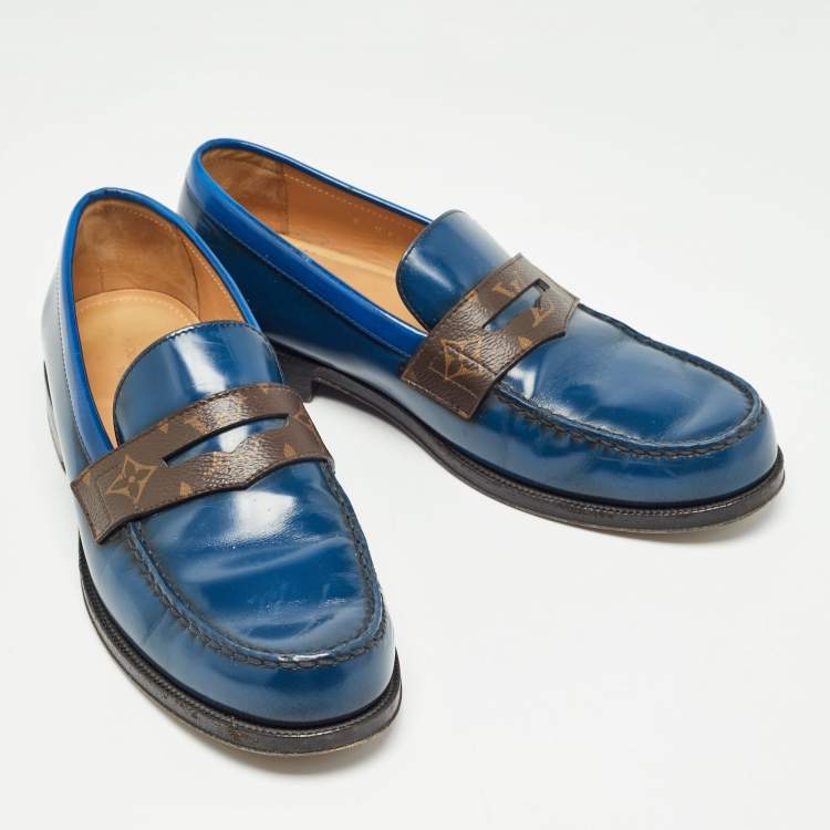 Pre Owned Louis Vuitton Navy Blue Leather and Monogram Canvas Penny Loafers Size 42
