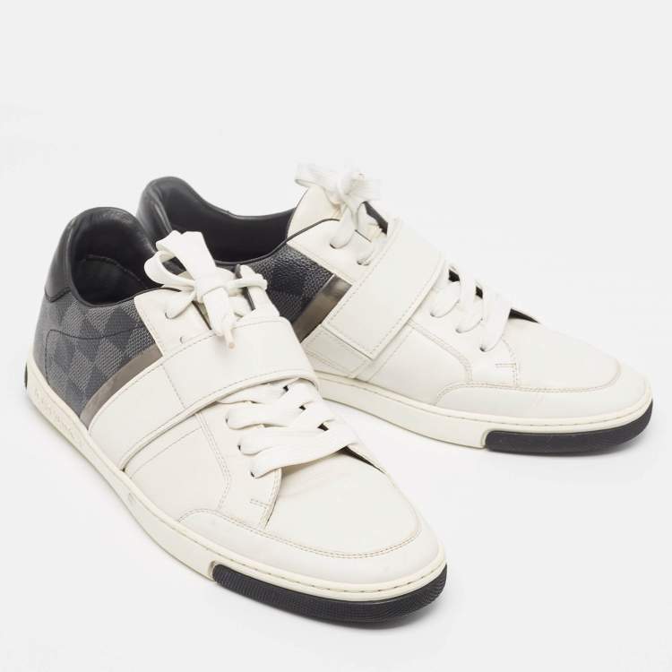 Pre Owned Louis Vuitton White Leather and Damier Graphite Canvas Low Top Sneakers Size 40.5