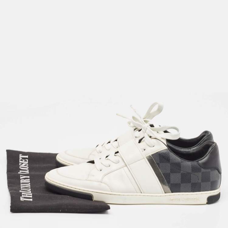 Pre Owned Louis Vuitton White Leather and Damier Graphite Canvas Low Top Sneakers Size 40.5