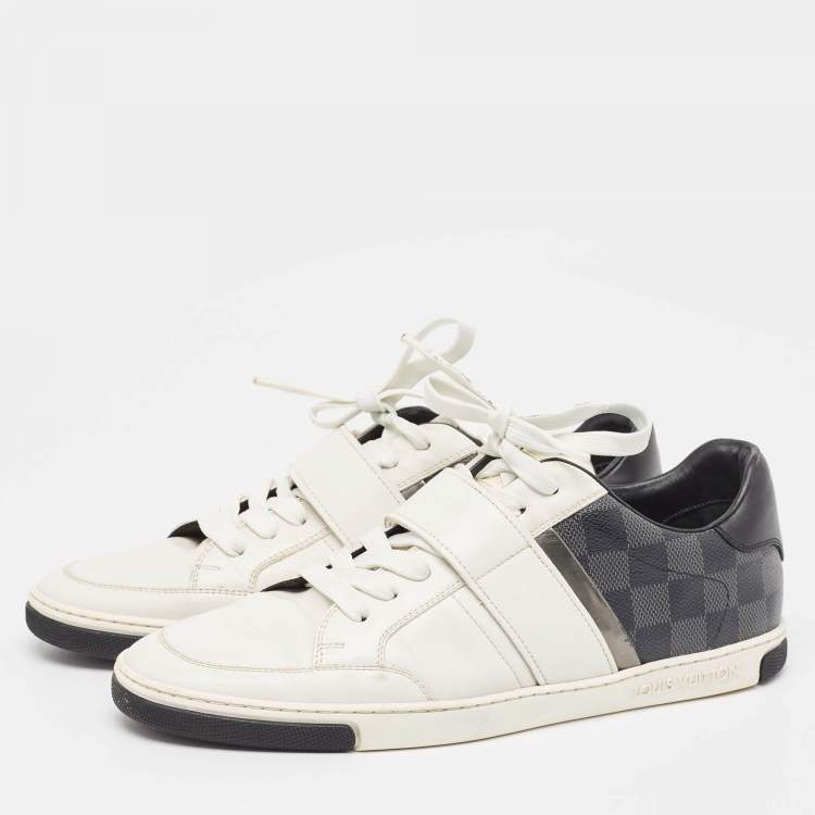 Pre Owned Louis Vuitton White Leather and Damier Graphite Canvas Low Top Sneakers Size 40.5