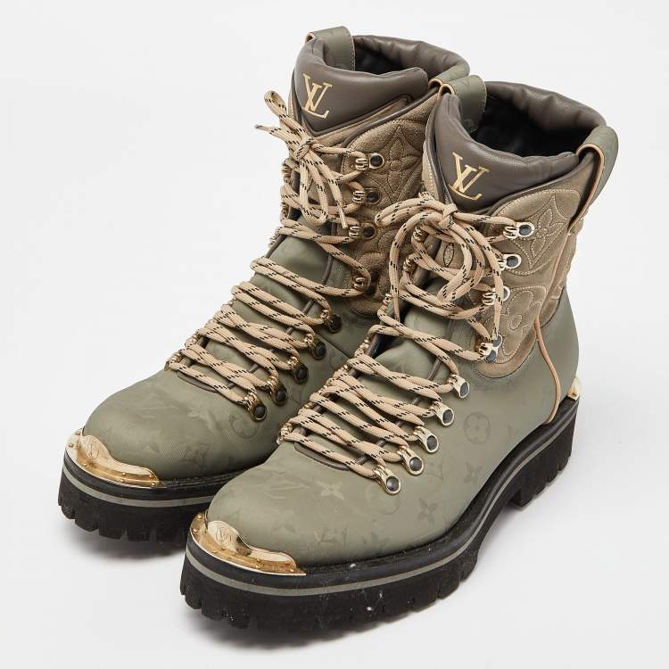 Pre Owned Louis Vuitton Green Suede,Leather and Monogram Nylon Ankle Boots Size 42