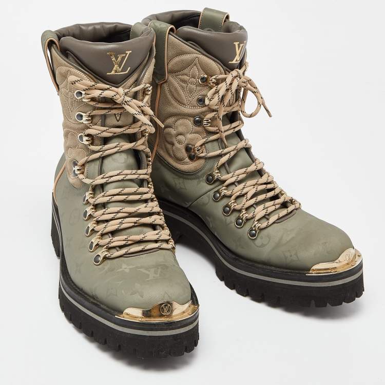 Pre Owned Louis Vuitton Green Suede,Leather and Monogram Nylon Ankle Boots Size 42