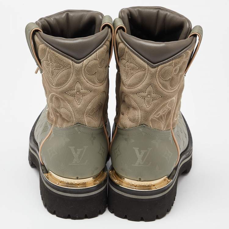 Pre Owned Louis Vuitton Green Suede,Leather and Monogram Nylon Ankle Boots Size 42