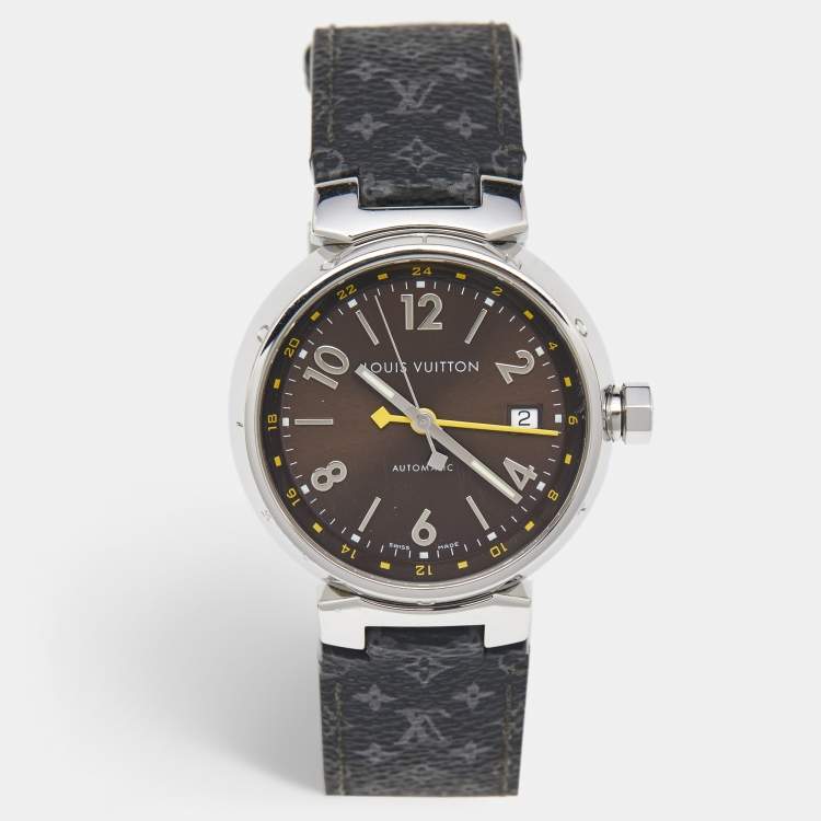 Pre Owned Louis Vuitton Brown Stainless Steel Leather Tambour GMT Q1131 Men's Wristwatch 39 mm