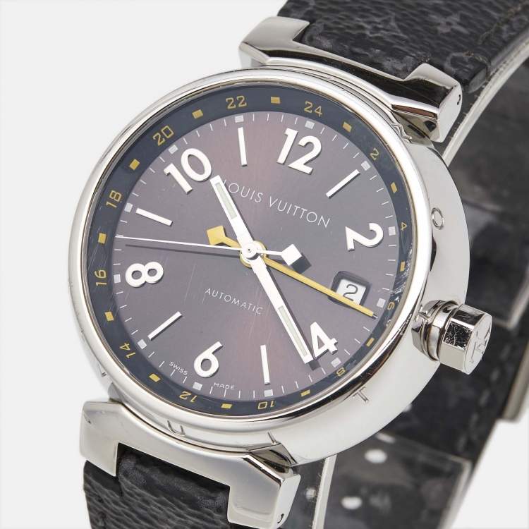 Pre Owned Louis Vuitton Brown Stainless Steel Leather Tambour GMT Q1131 Men's Wristwatch 39 mm