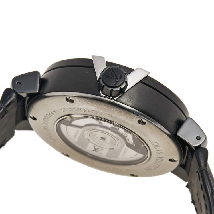 Pre Owned Louis Vuitton Black PVD Plated Stainless Steel Alligator Tambour Spin GMT Q10C3 Men's Wristwatch 44 mm